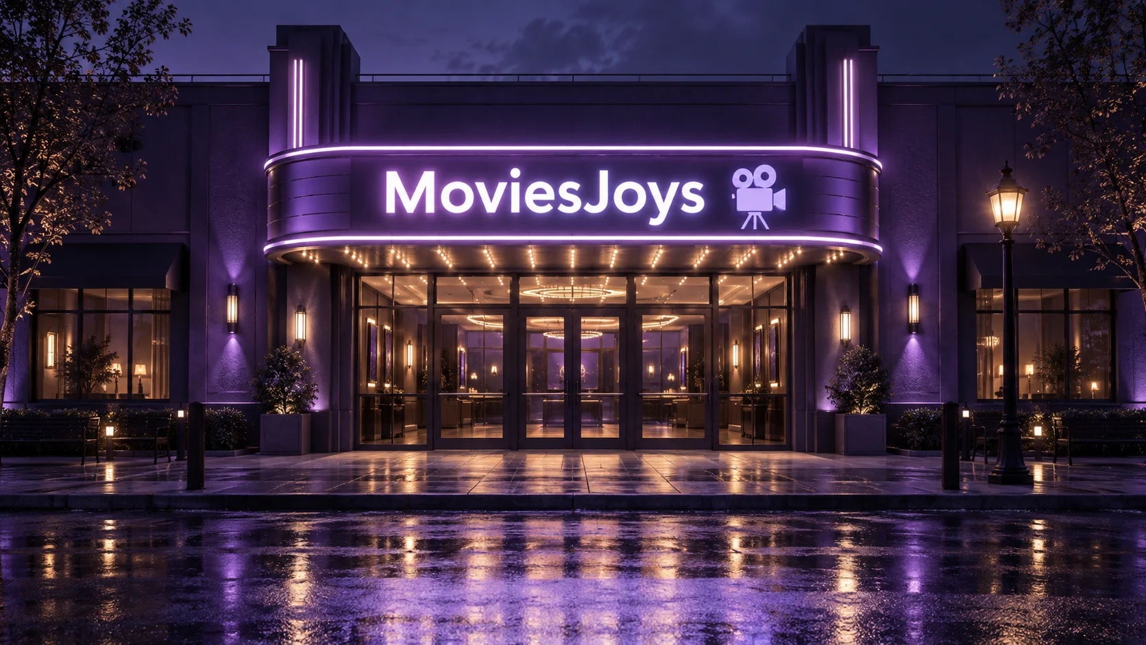 MoviesJoys written in white above a purple cinema entrance at night